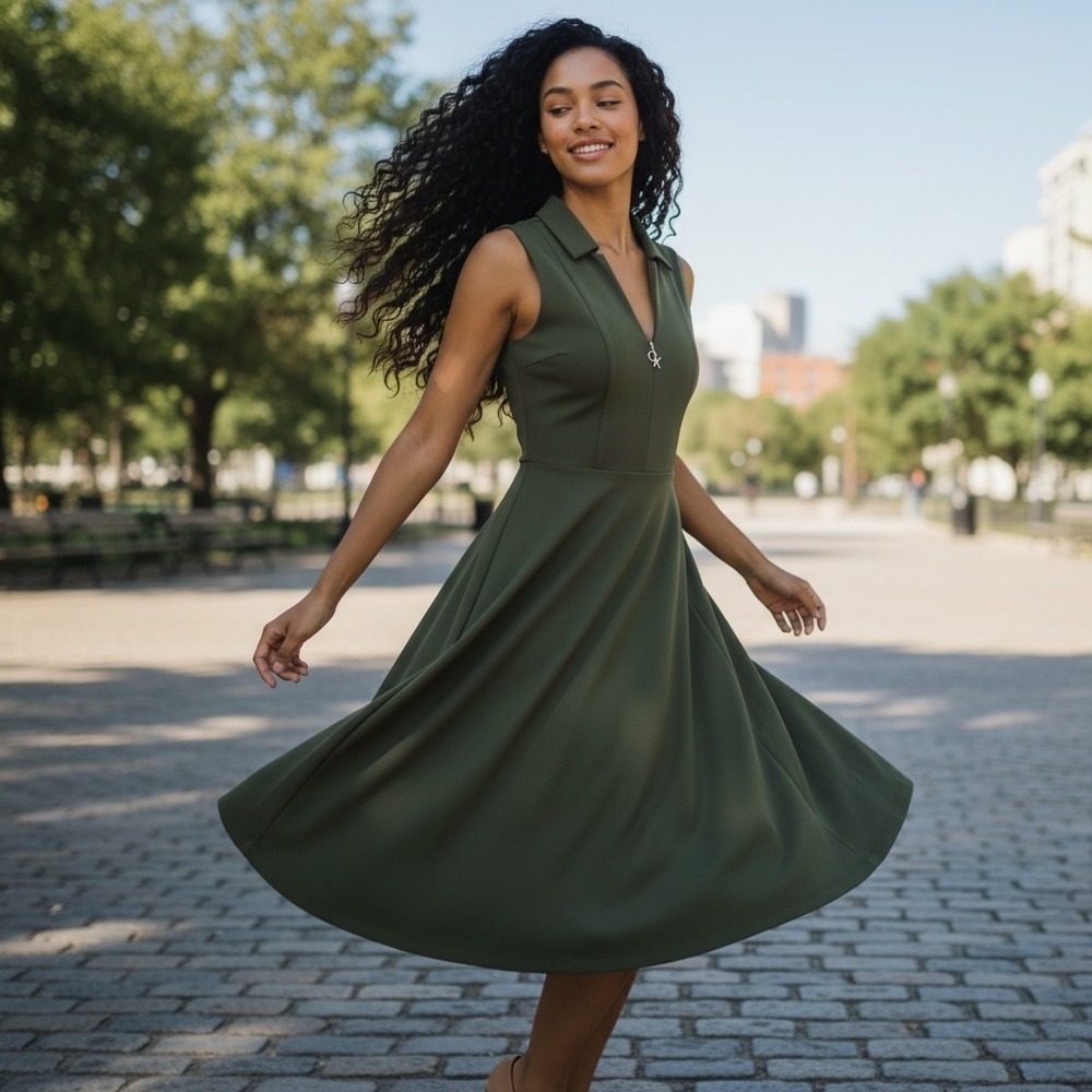 Calvin Klein Womens Forest Green Sleeveless Zip Front Fit and Flare Dress Size 4